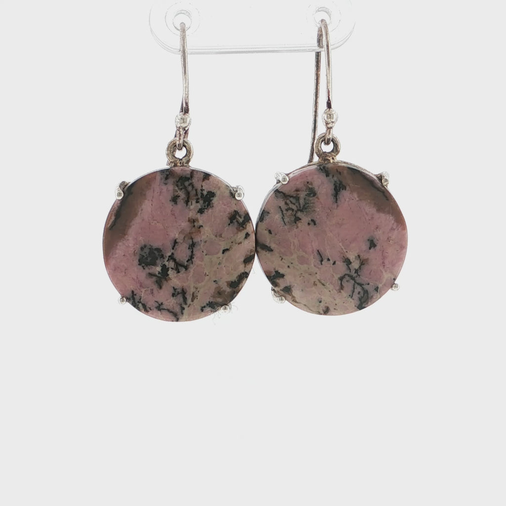 Round Rhodonite Quartz Sterling Silver Cabochon Drop Earrings