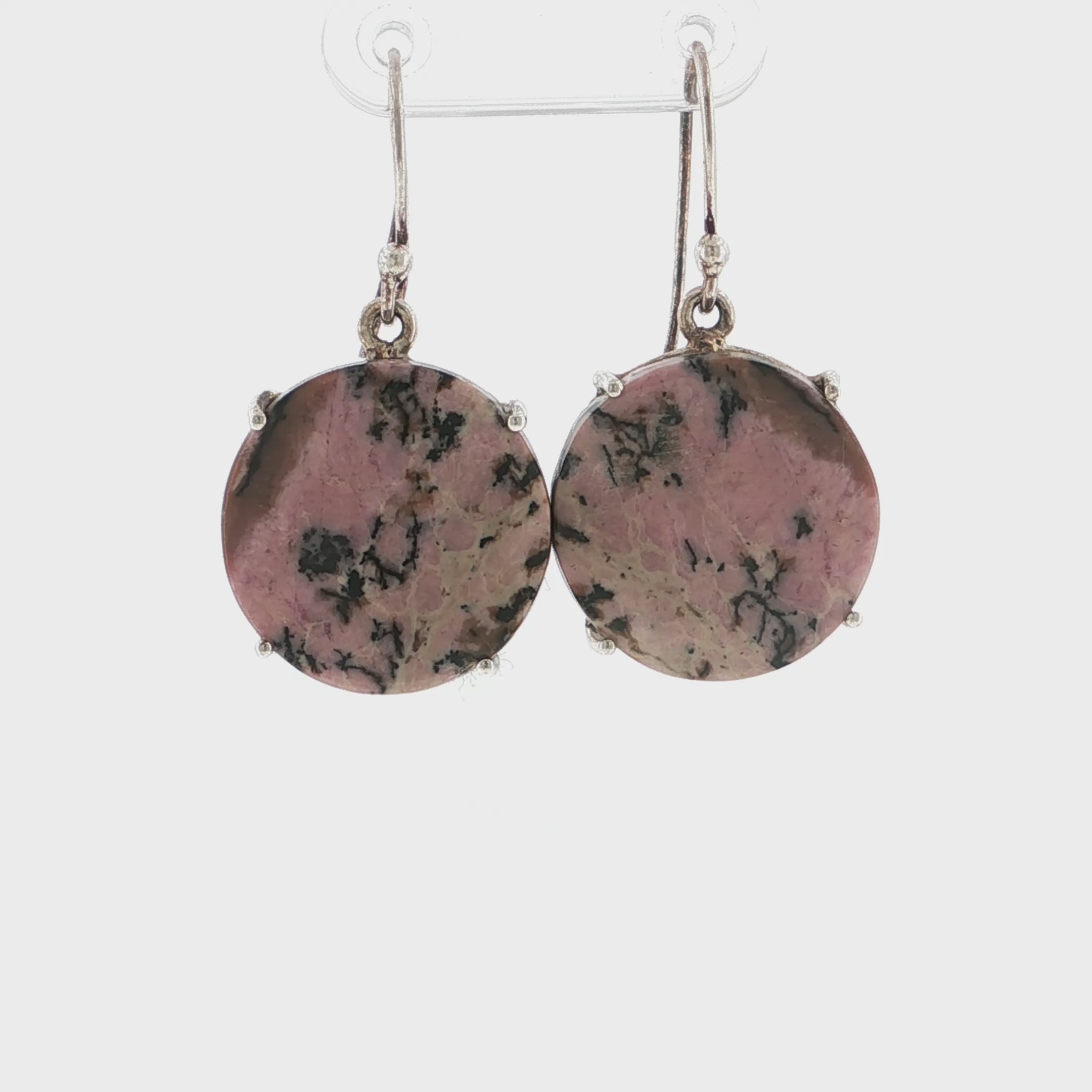 Round Rhodonite Quartz Sterling Silver Cabochon Drop Earrings