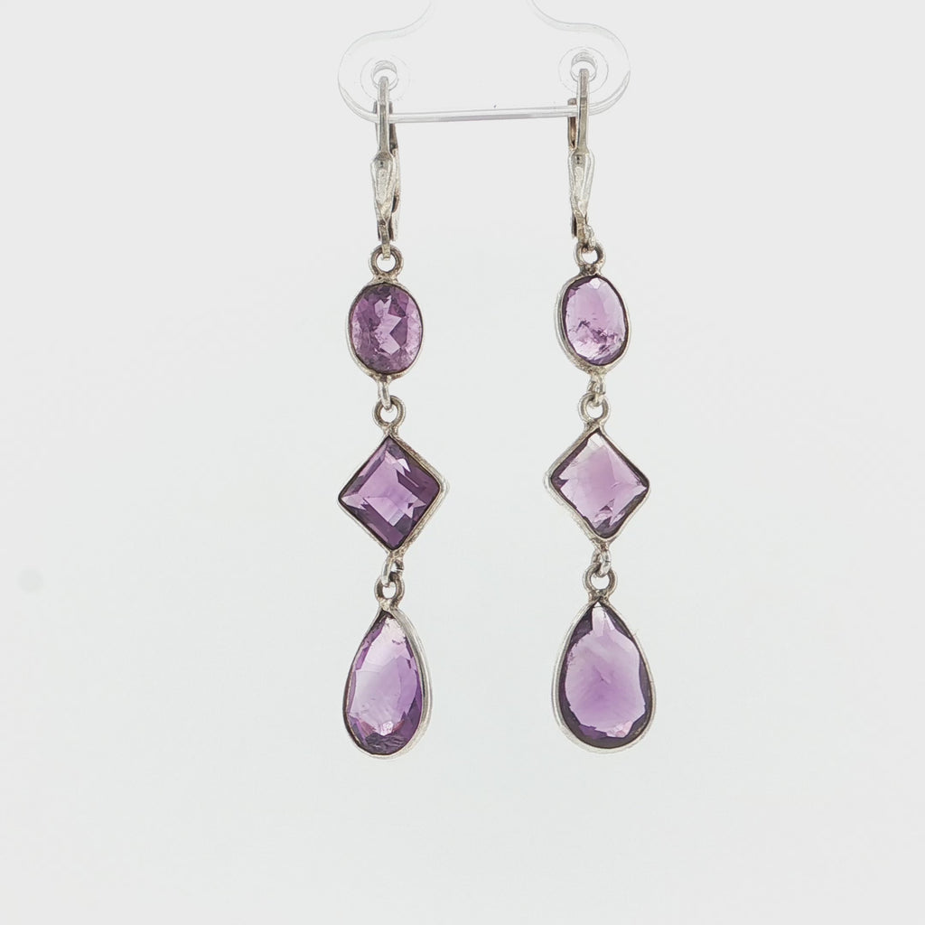 Sterling Silver Triple-Tiered Amethyst Dangle Earrings