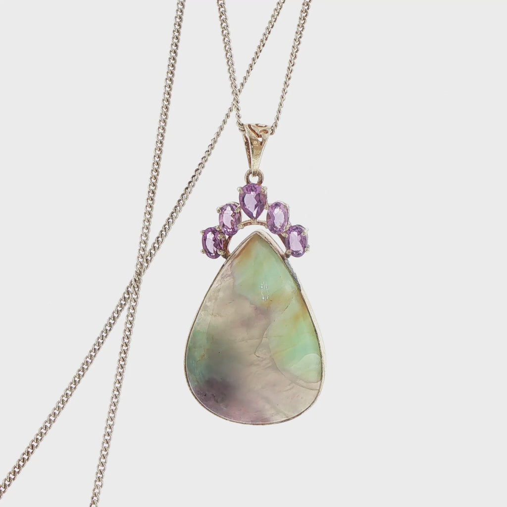 Silver Amethyst and Pear Cabochon Pendant Necklace