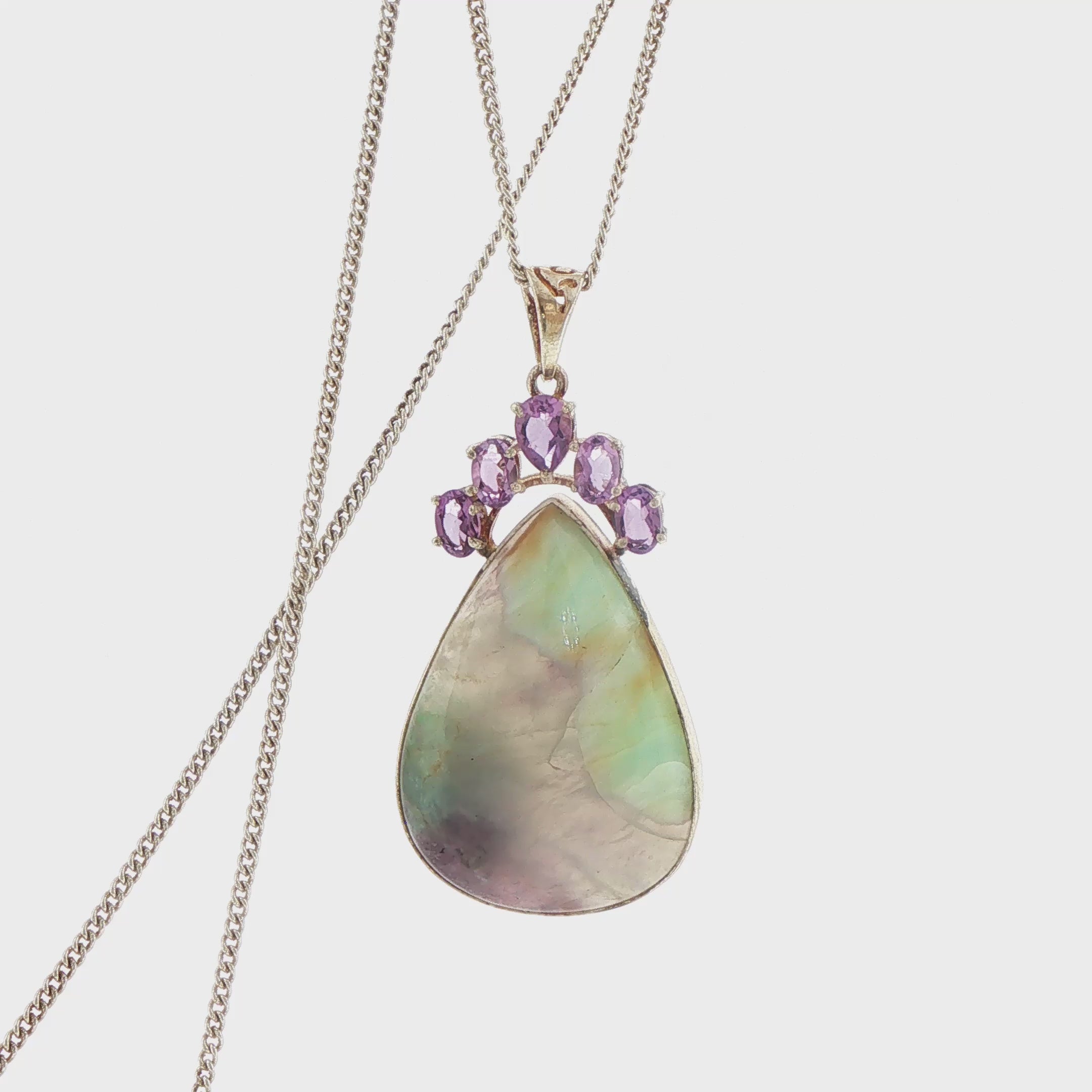 Silver Amethyst and Pear Cabochon Pendant Necklace