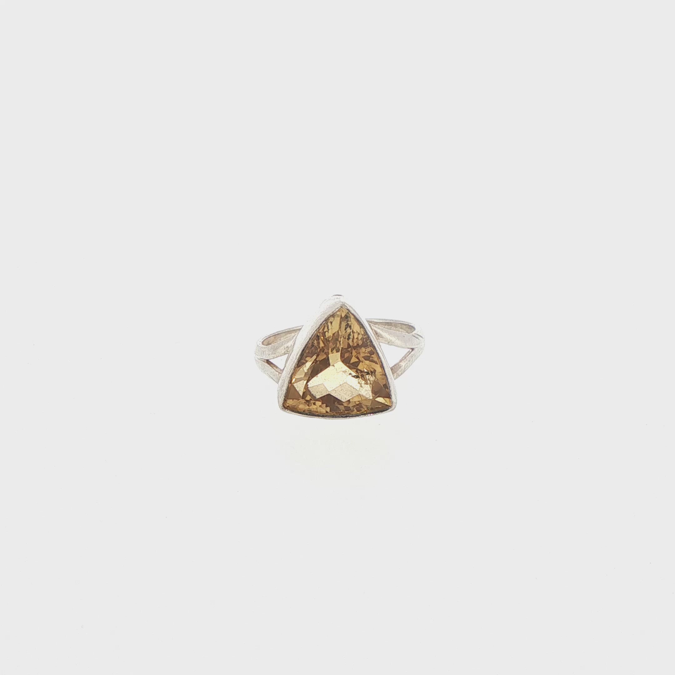 Trillion Cut Citrine Split Shank Solitaire Ring in Silver