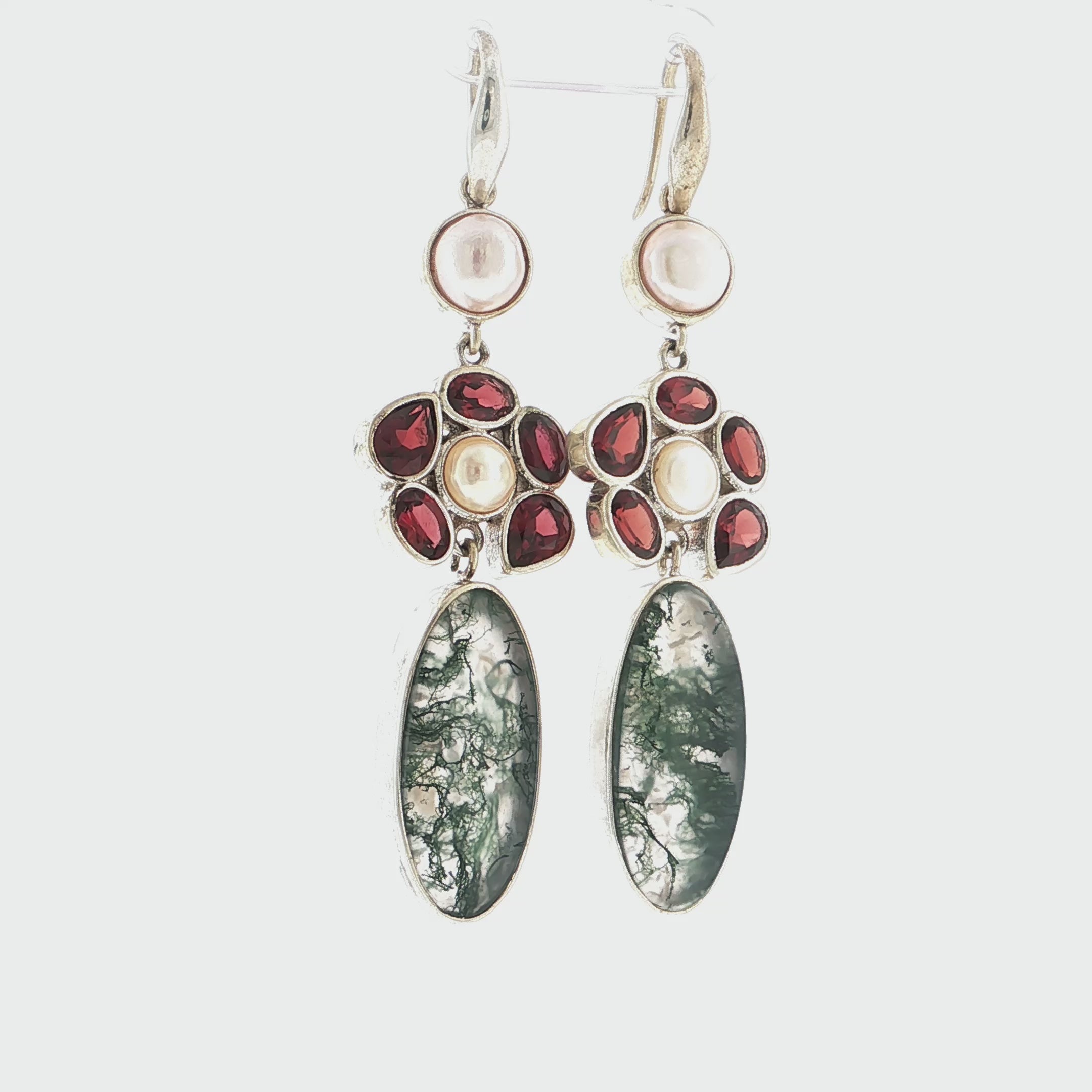 Moss Agate, Garnet, and Pearl Sterling Silver Floral Dangle Earrings