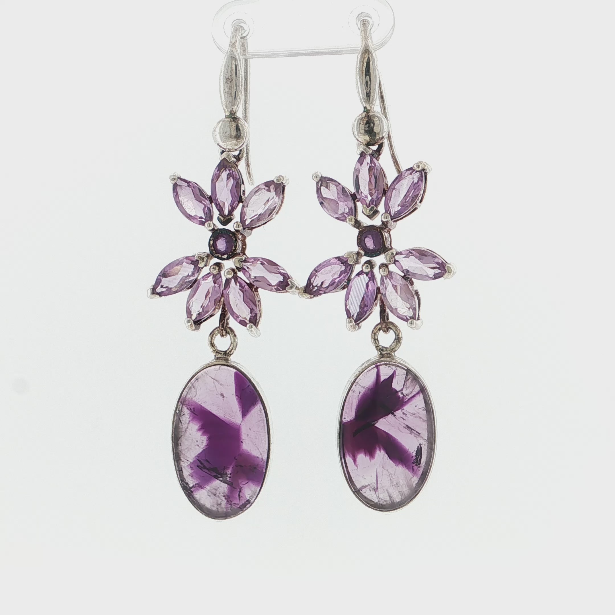 Floral Marquise and Oval Amethyst Silver Drop Earrings