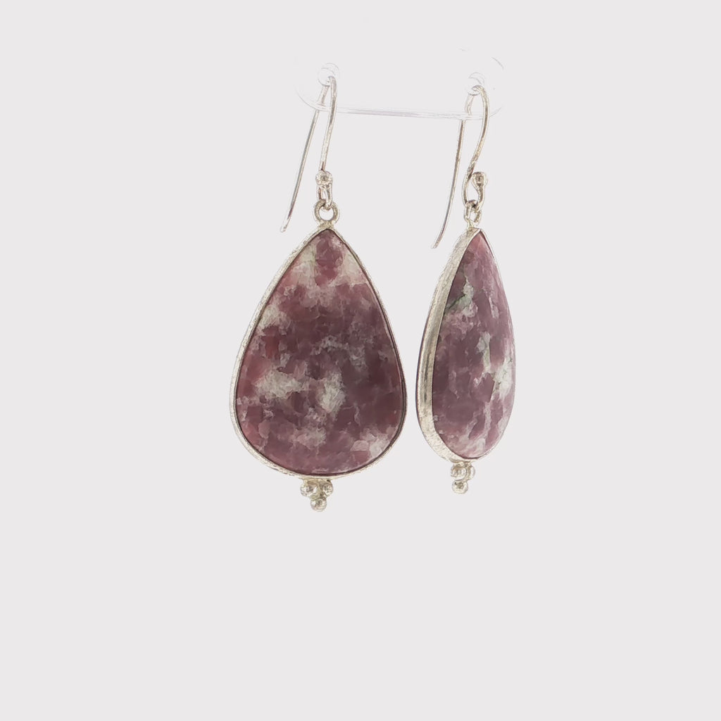Pear-Shaped Lepidolite Cabochon Silver Dangle Earrings