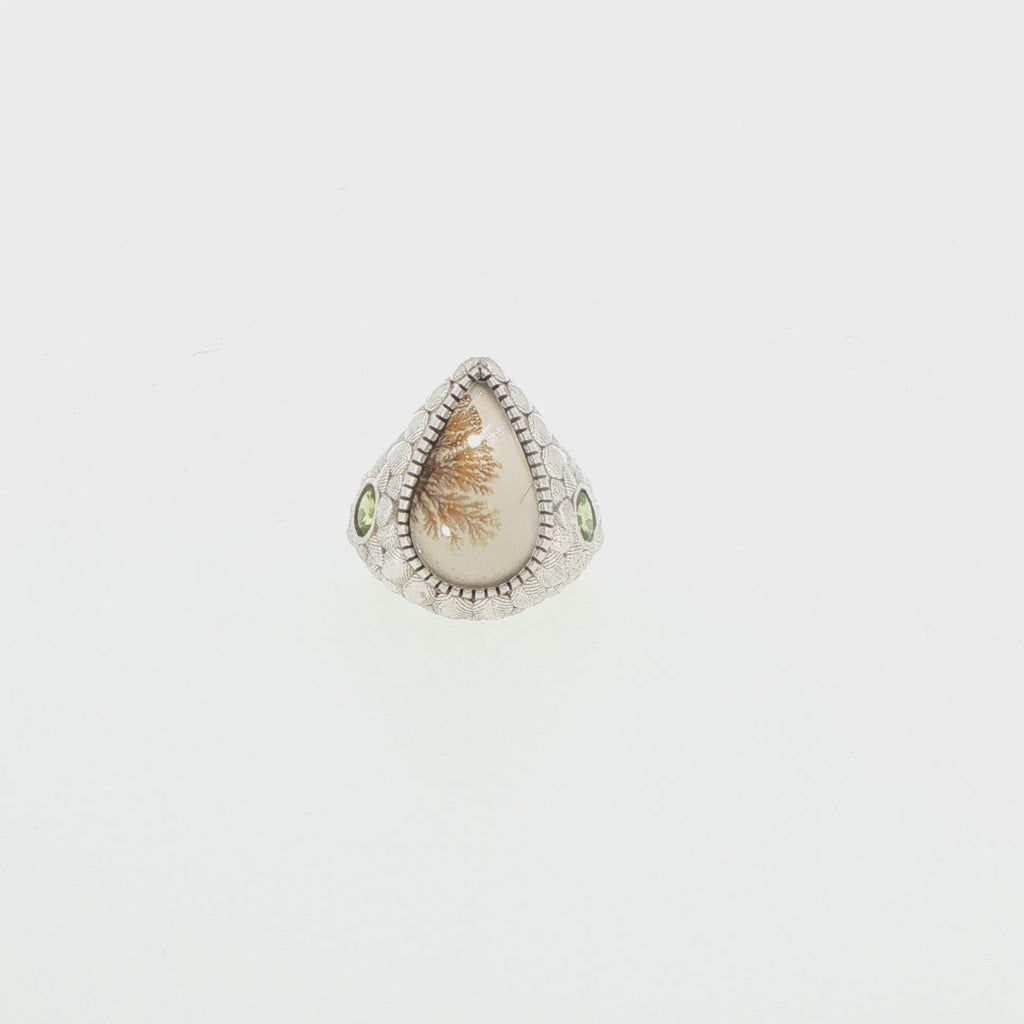 Pear-Shaped Dendritic Agate Cocktail Ring in Textured Silver with Peridot stones
