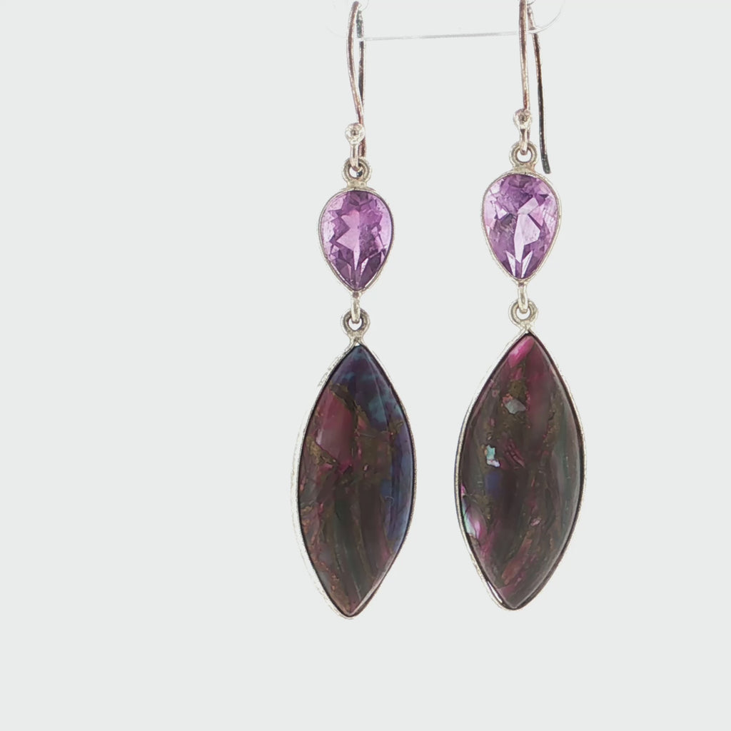 Amethyst and Mohave Turquoise Marquise Iridescent Composite Silver Dangle Earrings