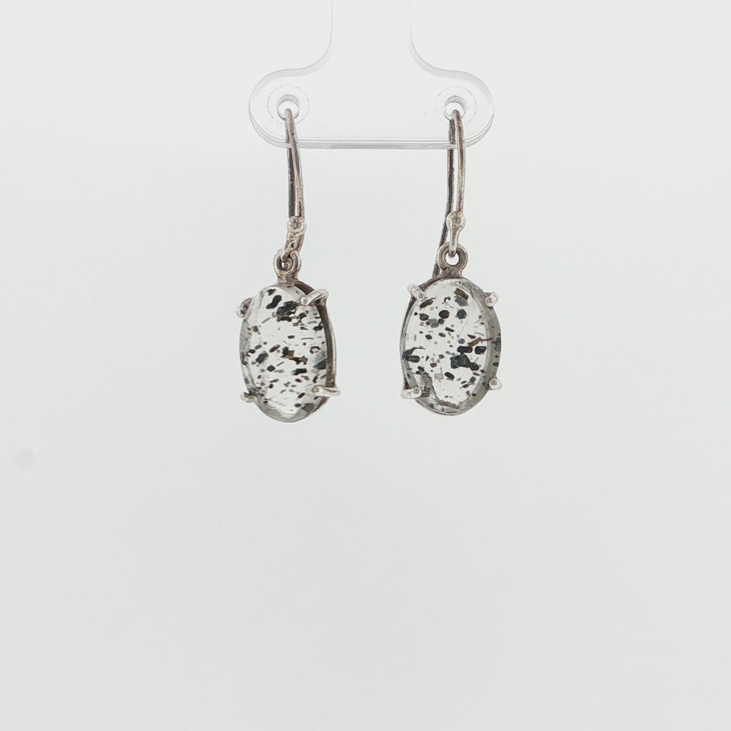 Oval Cabochon Black Dot Quartz Silver Drop Earrings