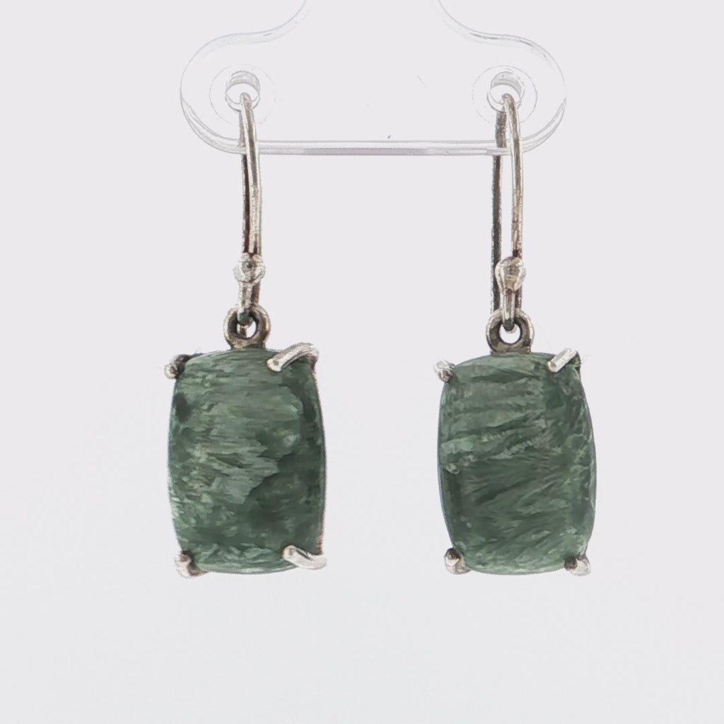 Cushion Cabochon Green Jade Silver Drop Earrings
