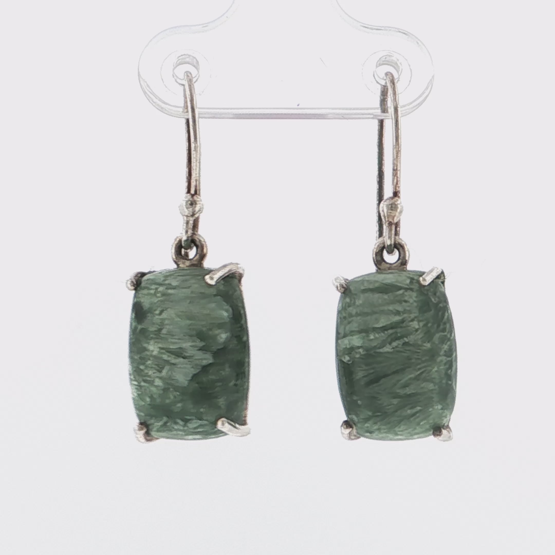 Cushion Cabochon Green Jade Silver Drop Earrings
