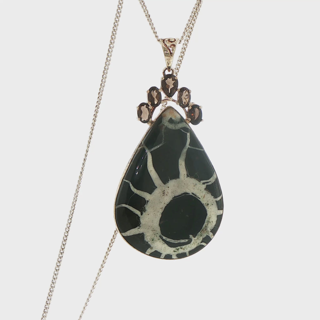 Patterned Teardrop Obsidian and Smokey Quartz Pendant Necklace in Silver