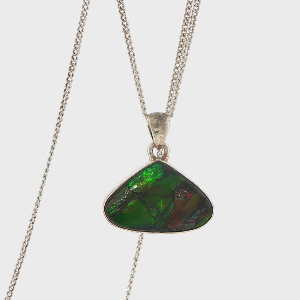 Triangular Green Ammolite Pendant Necklace in Silver