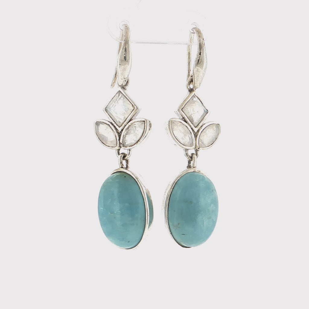 Oval Cabochon Aquamarine and Moonstone Silver Dangle Earrings