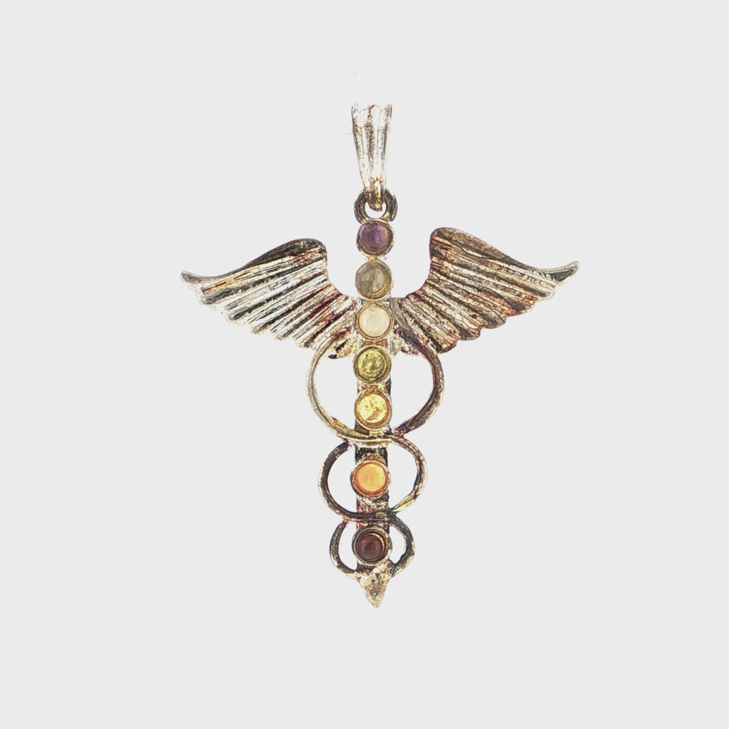 Sterling Silver Chakra Caduceus Medical Symbol Gemstone Pendant