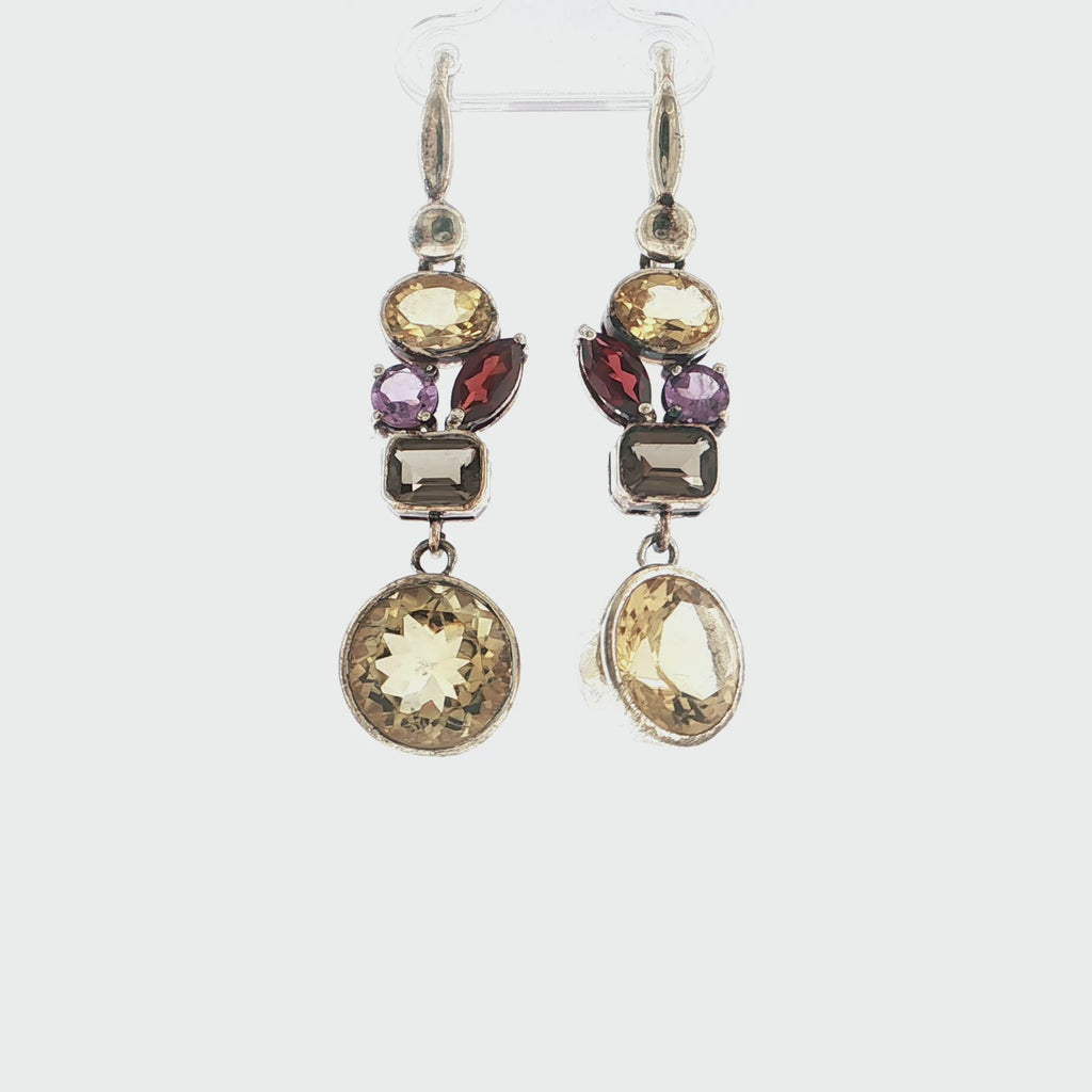 Multi-Gemstone Cluster Drop Earrings in Sterling Silver with Citrine, Garnet, Amethyst and Smoky Quartz