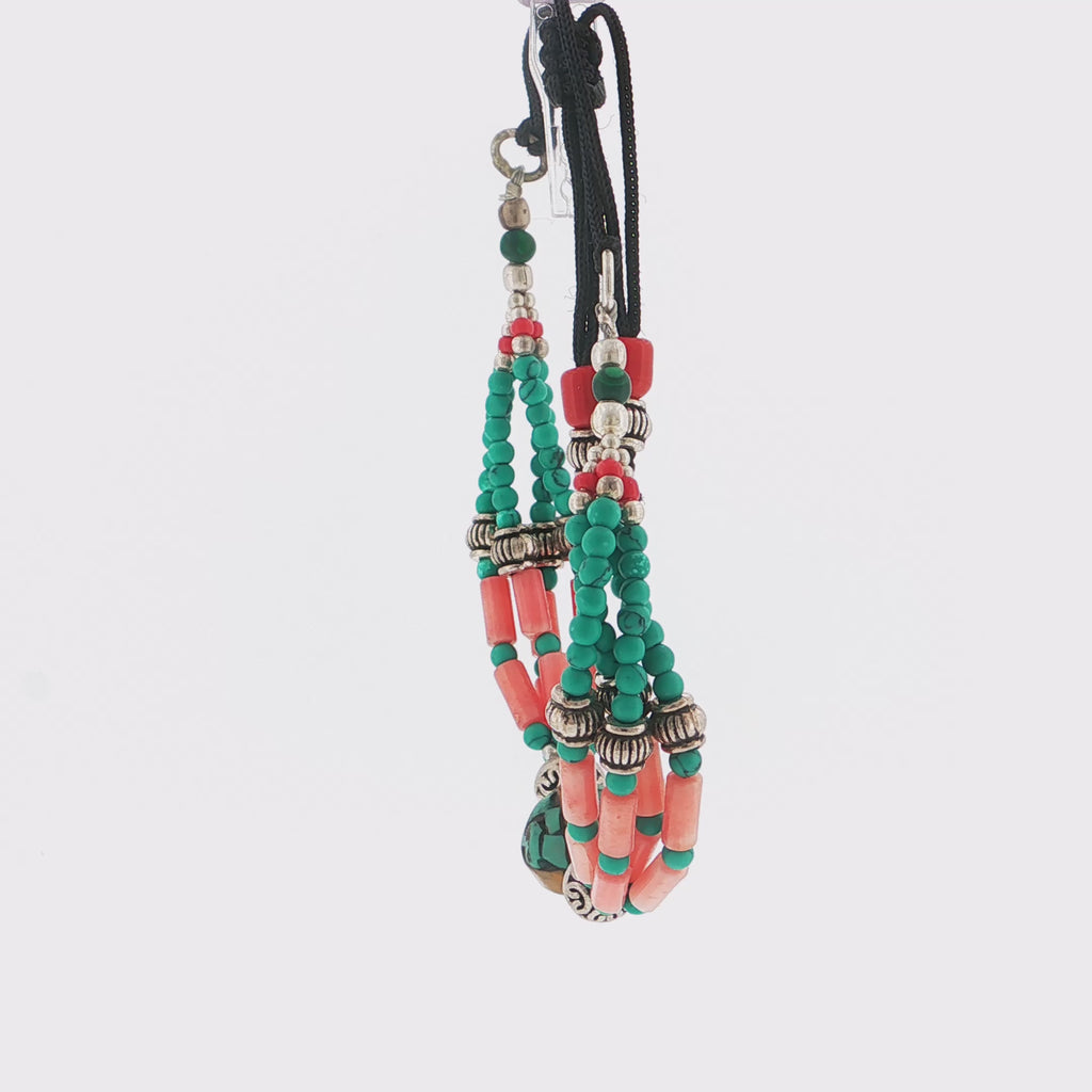 Handcrafted Multi-Strand Turquoise and Coral Beaded Bracelet with Silver-Tone Accents