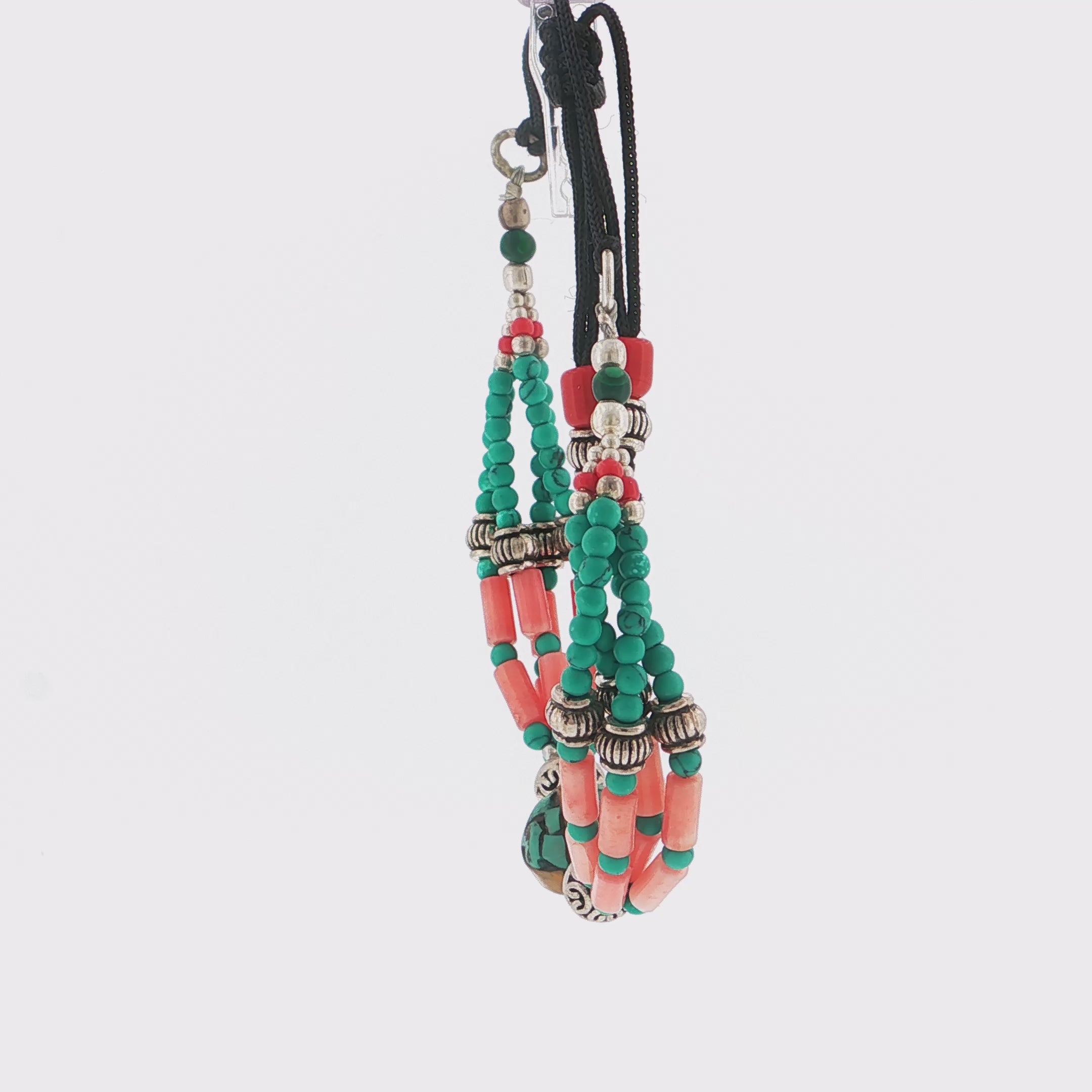 Handcrafted Multi-Strand Turquoise and Coral Beaded Bracelet with Silver-Tone Accents