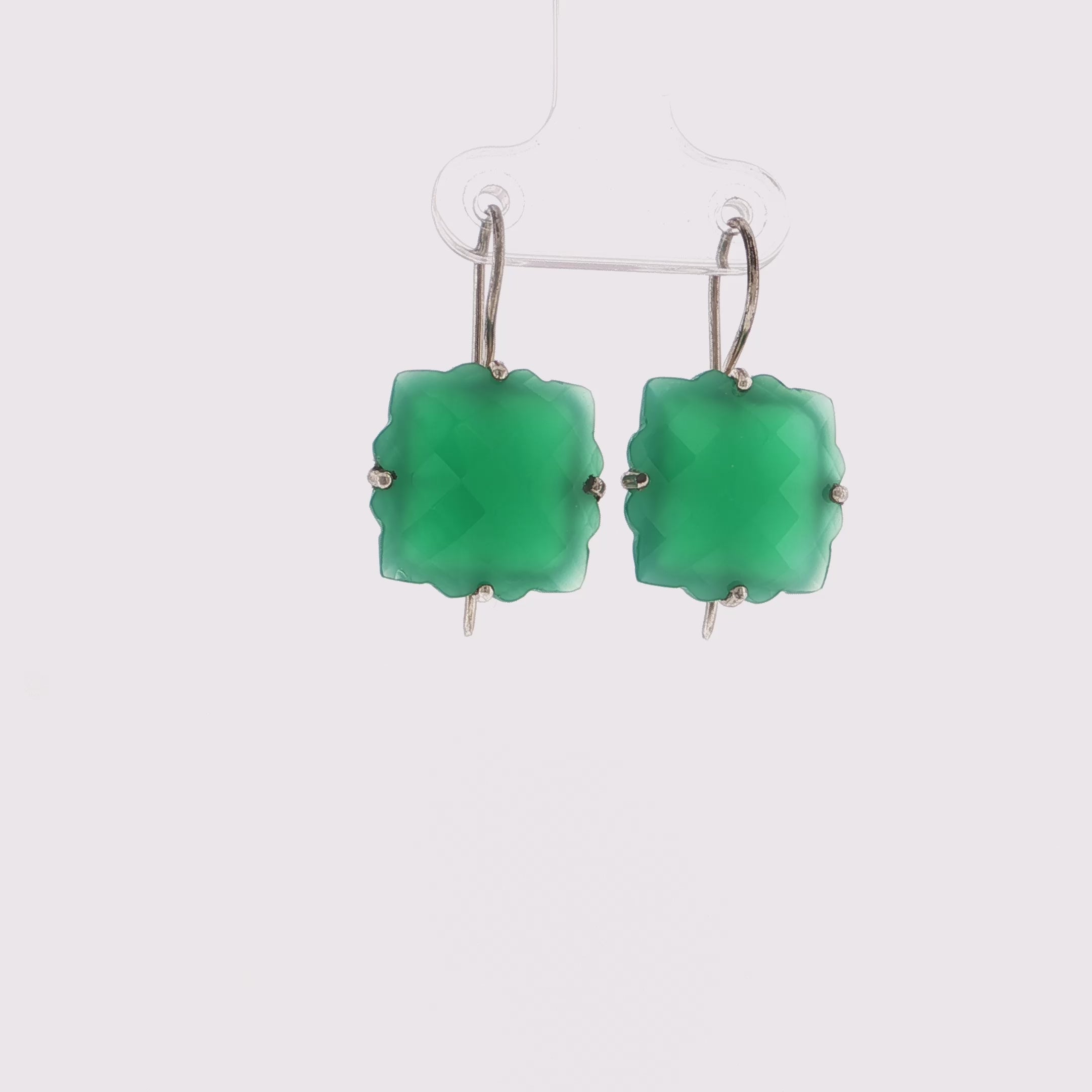 Green Onyx Scalloped Square Drop Earrings in Silver