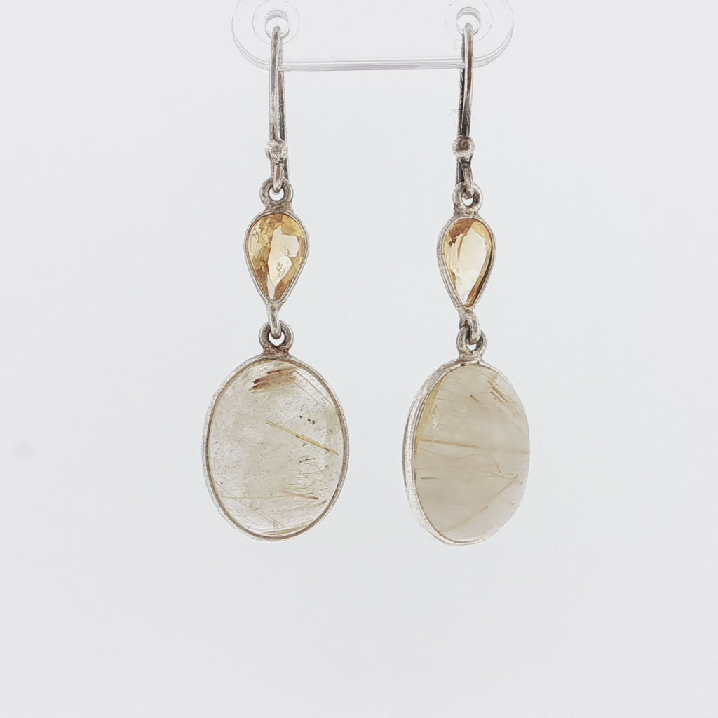 Rutilated Quartz and Citrine Silver Dangle Earrings