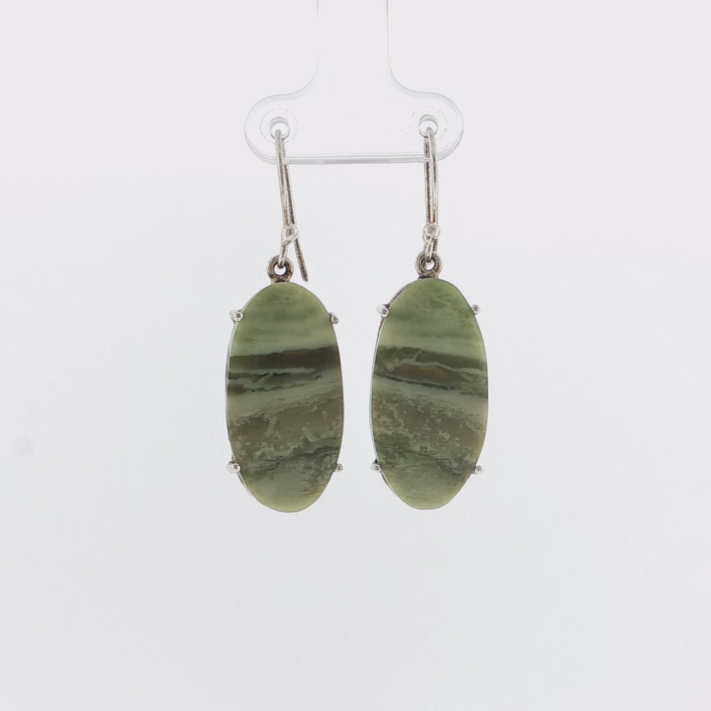 Oval Cabochon Green Jade Silver Drop Earrings