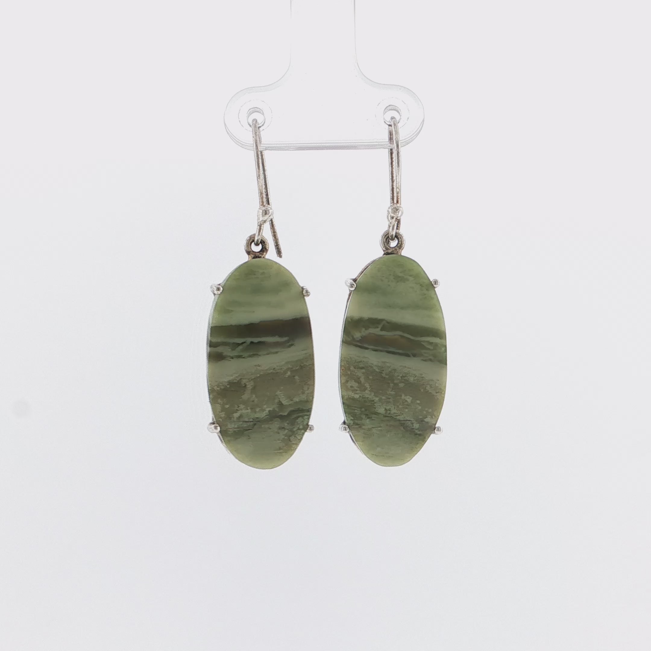 Oval Cabochon Green Jade Silver Drop Earrings